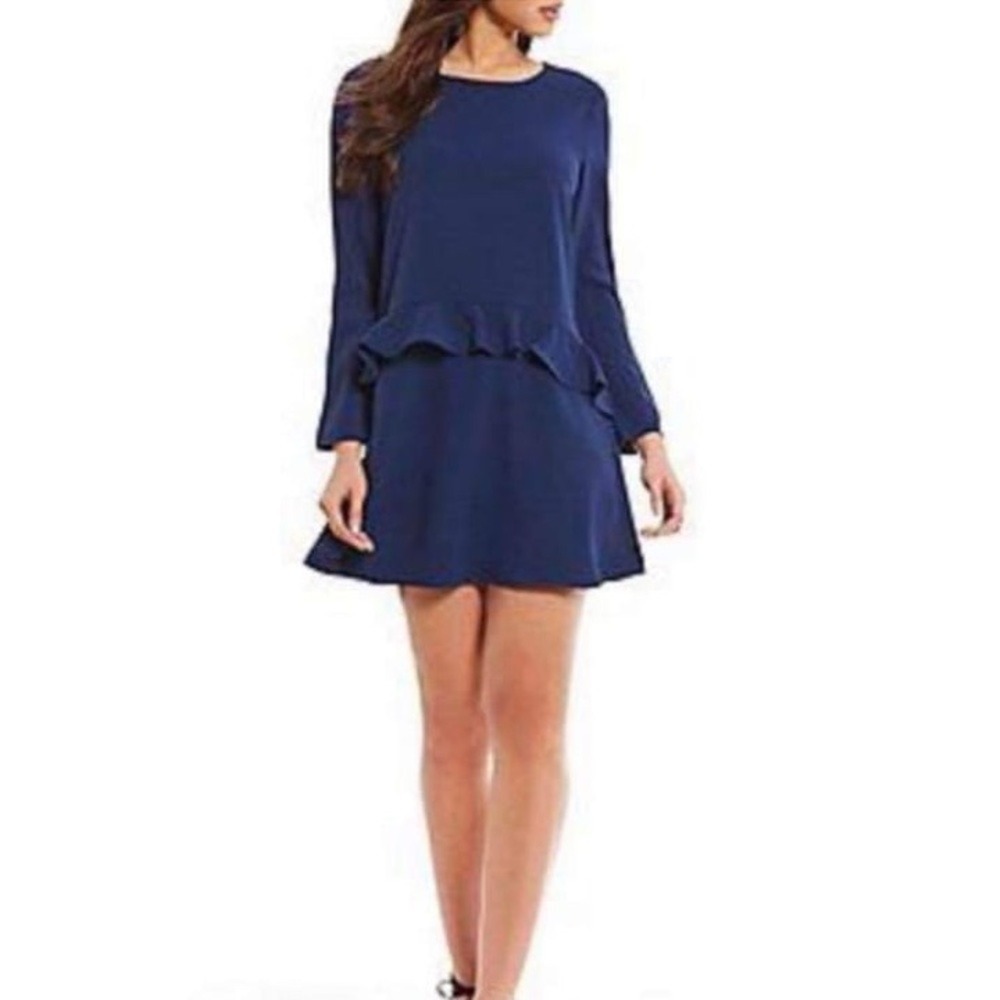 Gianni‎ Bini Greer Drop Waist Dress Size S Blue Ruffle Tiered Mini Long Sleeve